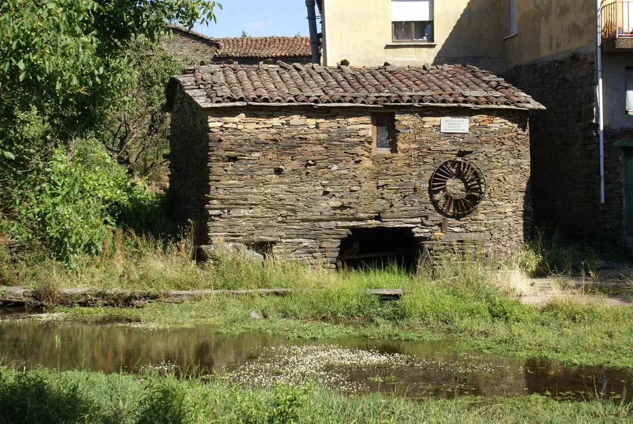 Antiguo molino de agua de piedra, con su rueda oxidada y vegetación exuberante a su alrededor.