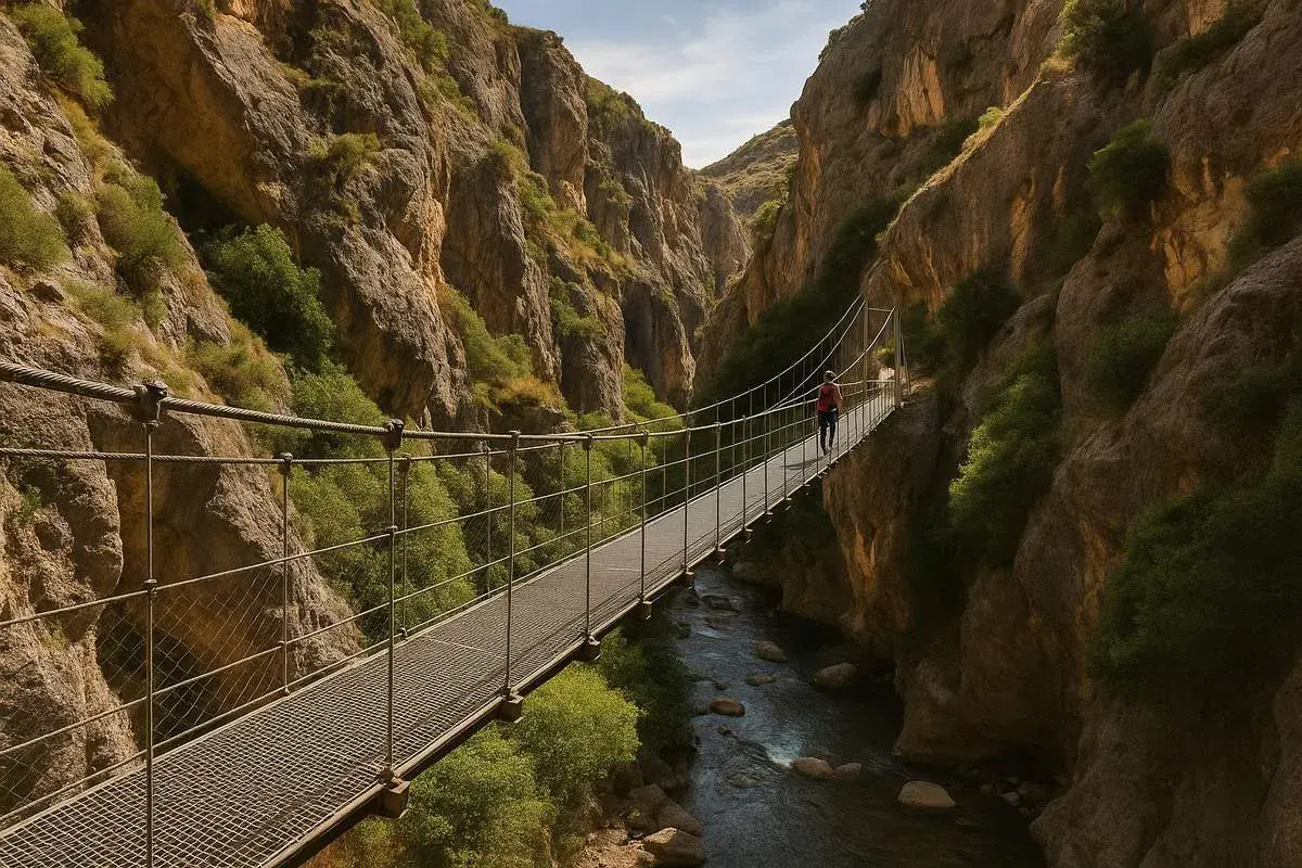 Una persona camina por un puente colgante en la ruta de los Cahorros, un cañón con un río y vegetación exuberante.