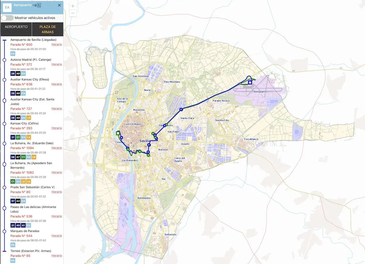 Mapa muestra cómo ir del aeropuerto de Sevilla al centro, con rutas de autobuses y paradas.