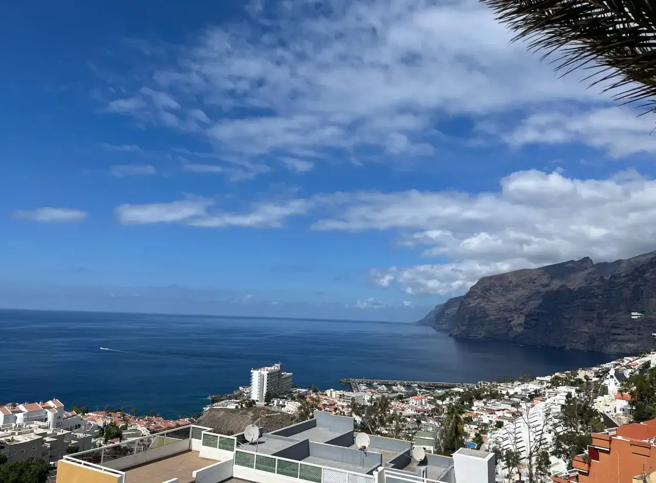 Vista panorámica de acantilados imponentes y el mar azul, con un pueblo costero y un puerto deportivo. Un lugar que evoca las mejores playas de Tenerife.