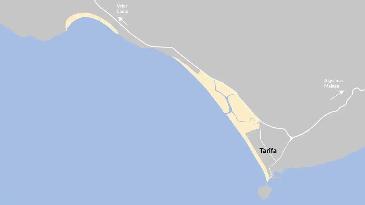Mapa de las playas de Tarifa, Cádiz, con indicaciones hacia Vejer y Algeciras.
