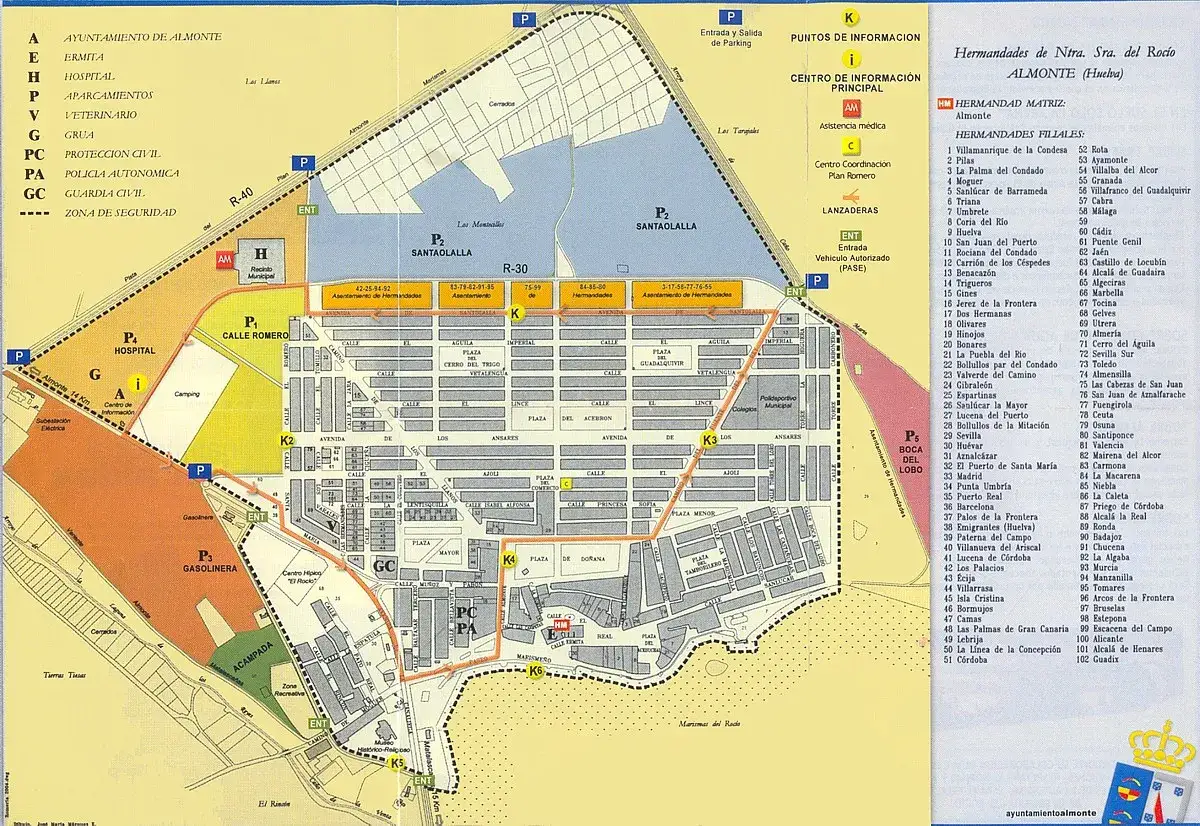 Mapa del Rocío: Hospital, gasolinera, aparcamientos y zonas de acampada. ¿Dónde está el rocío? En este plano detallado.