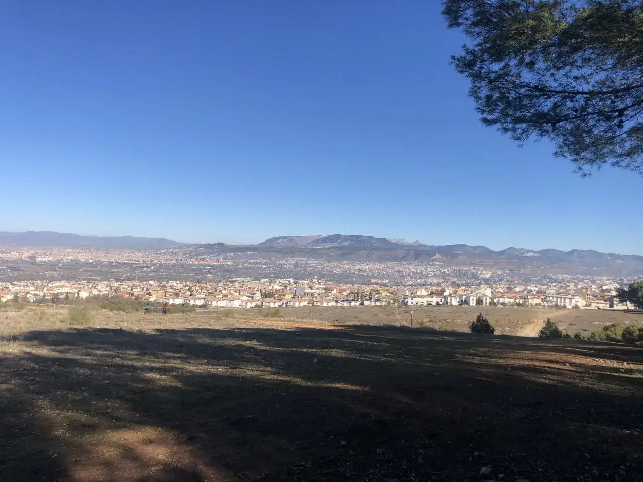 Vista panorámica de Granada desde las cumbres verdes, con la ciudad extendiéndose hasta las montañas nevadas.