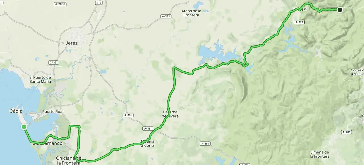 Mapa de ruta verde desde la costa gaditana, pasando por Medina Sidonia, hacia el interior.