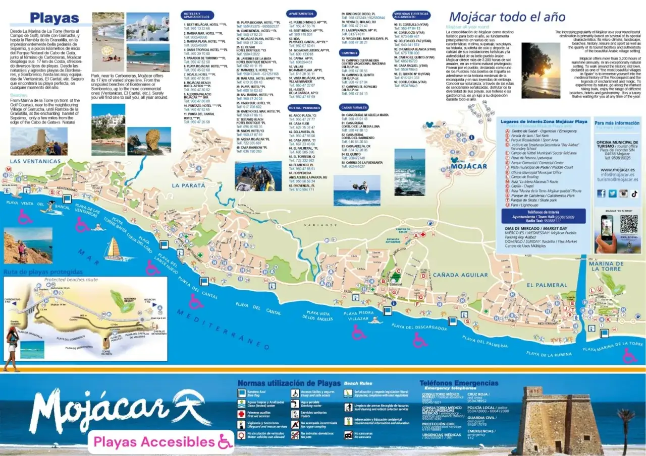 Mapa de Mojácar con playas, rutas y puntos de interés. Ideal para planificar tu visita y saber cómo llegar a este encantador pueblo costero.