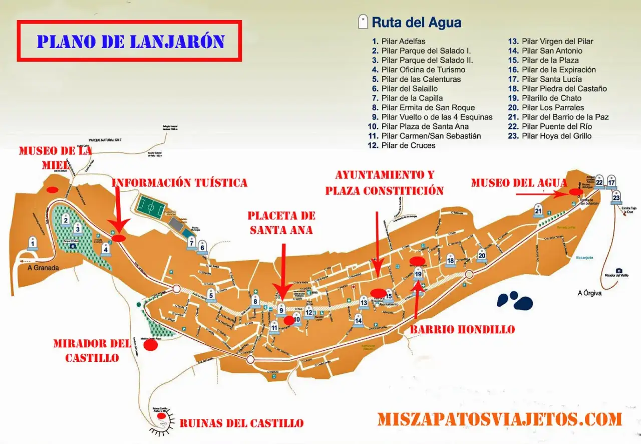 Plano de Lanjar&oacute;n con la Ruta del Agua, museos, miradores y puntos de inter&eacute;s. Ideal para saber lanjar&oacute;n como llegar a cada lugar.