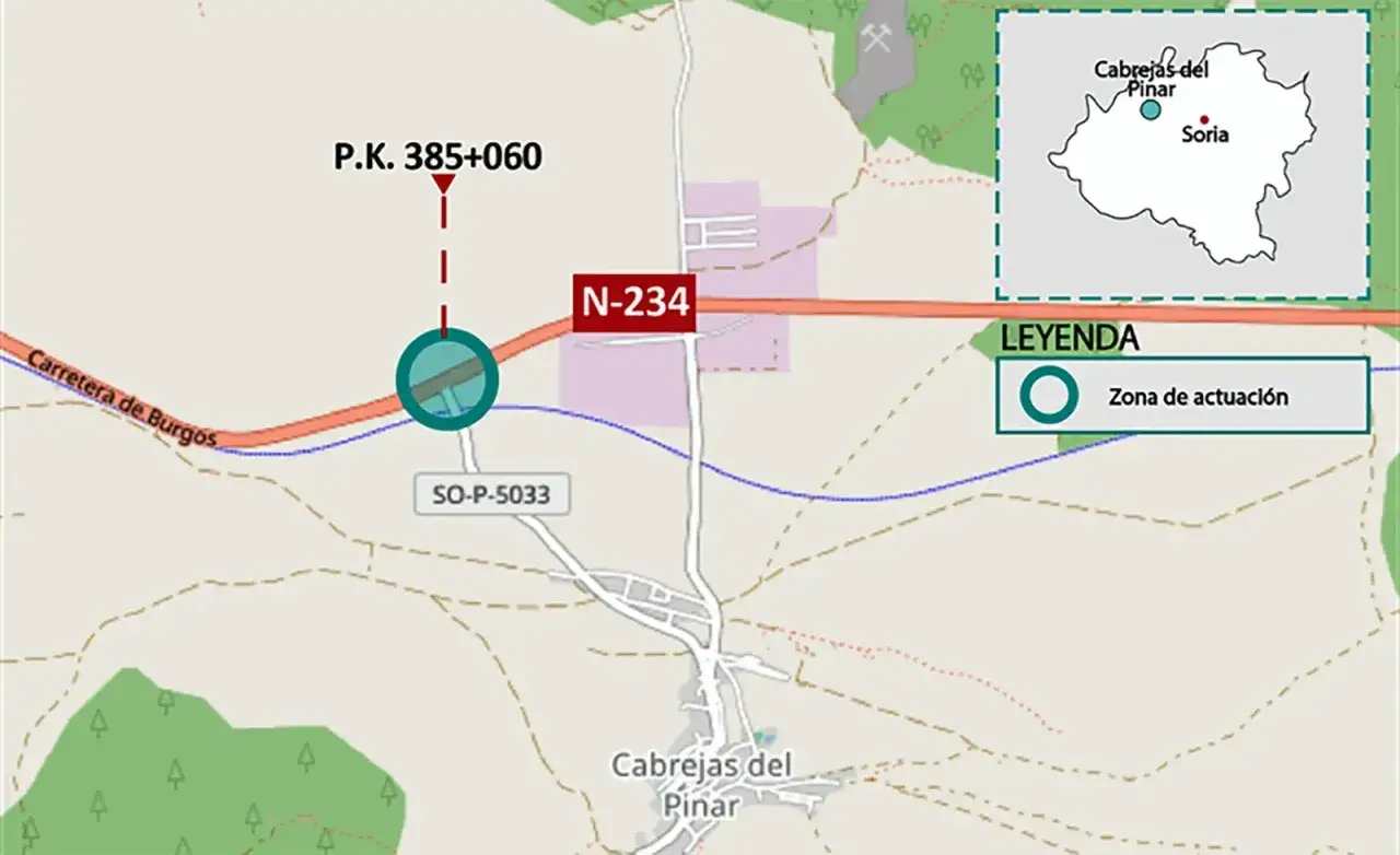 Mapa de la N-234 y SO-P-5033. Indica c&oacute;mo llegar a Cabrejas del Pinar, Soria, con la zona de actuaci&oacute;n marcada en la carretera.