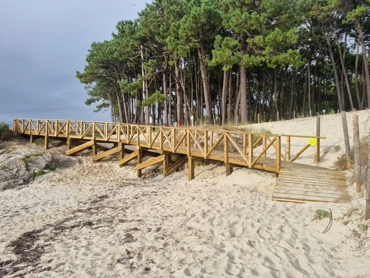 Pasarela de madera sobre la arena de la playa de los enebrales, bordeada por pinos altos y un cielo nublado.