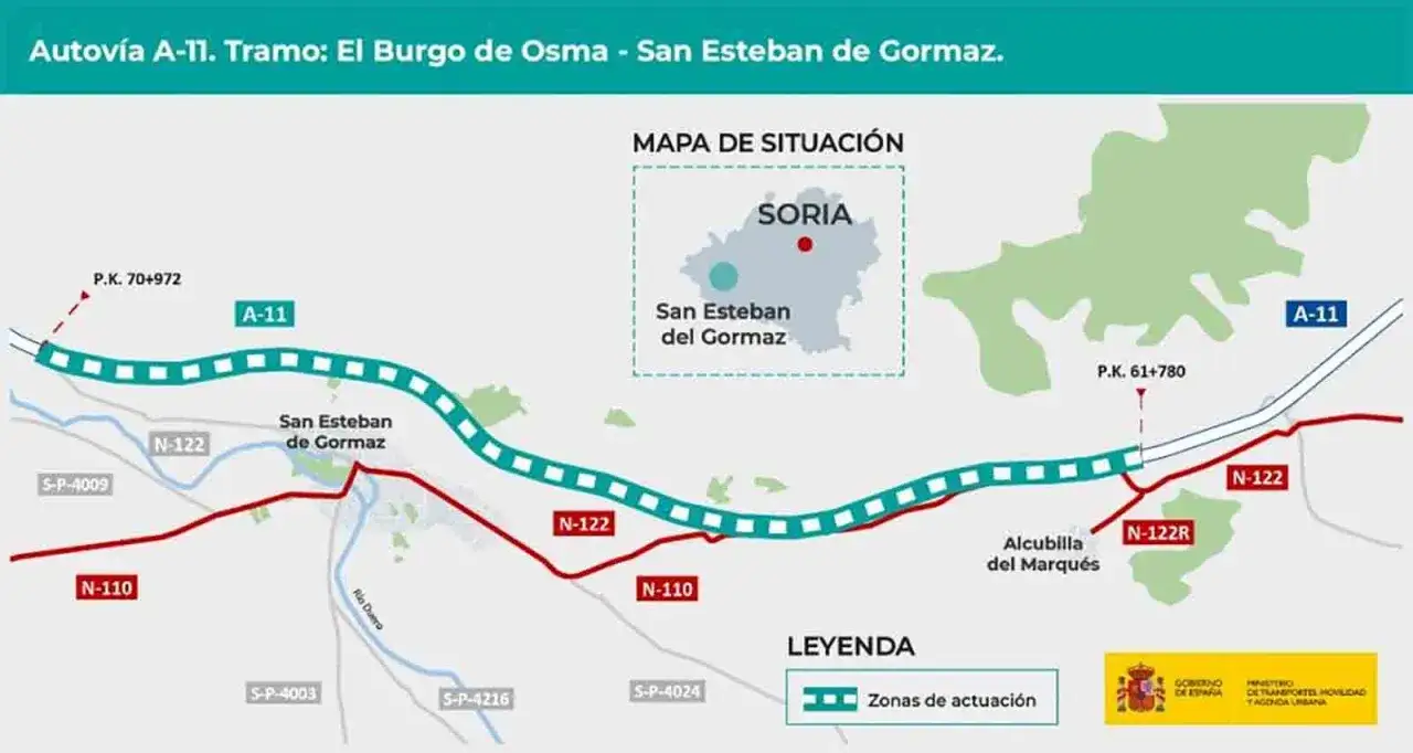 Mapa de la Autov&iacute;a A-11, tramo El Burgo de Osma - San Esteban de Gormaz. Muestra c&oacute;mo llegar a El Burgo de Osma y San Esteban de Gormaz por la A-11 y carreteras N-110 y N-122.