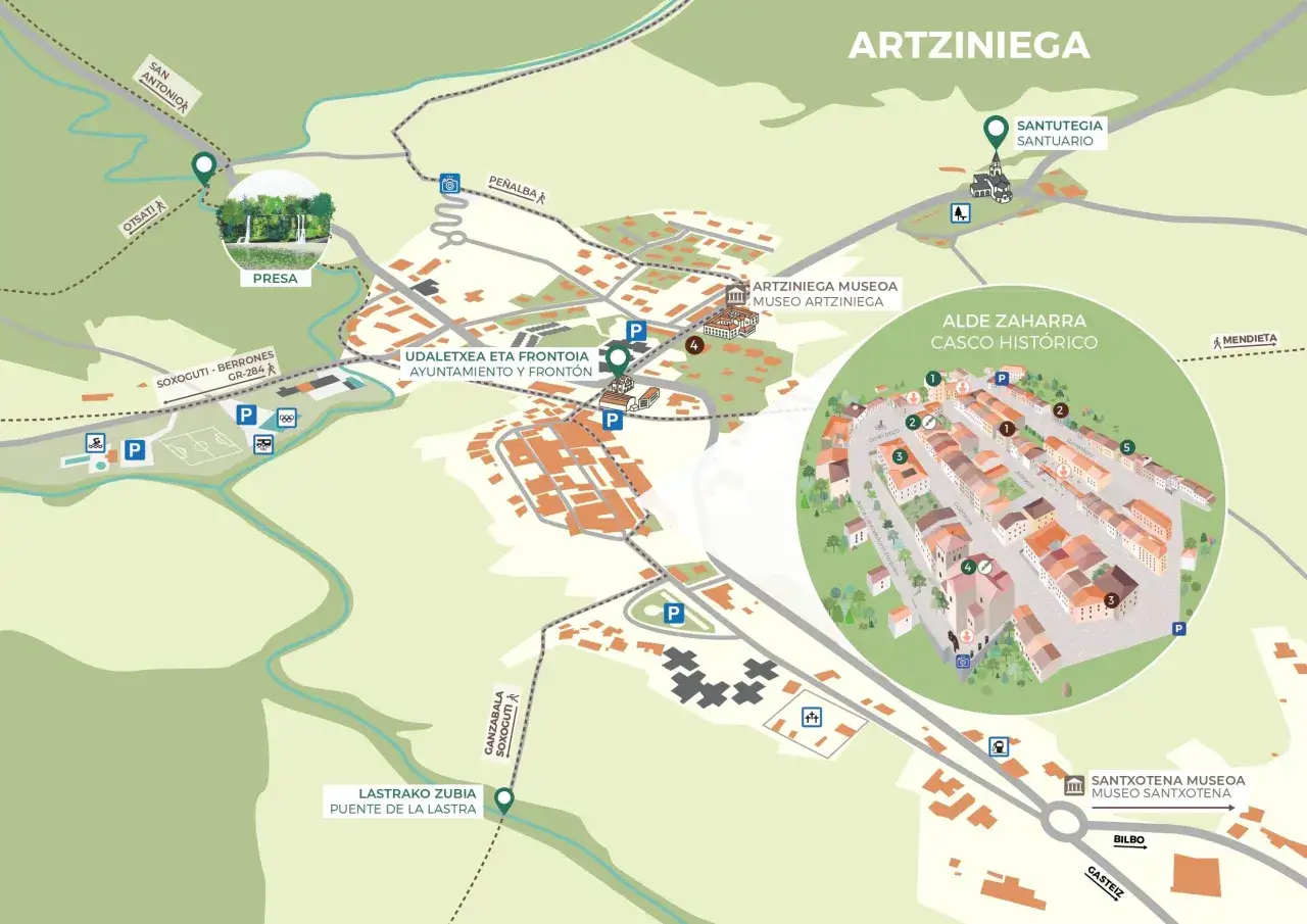Mapa de artziniega como llegar, mostrando el casco histórico, el museo, el santuario y puntos de interés.