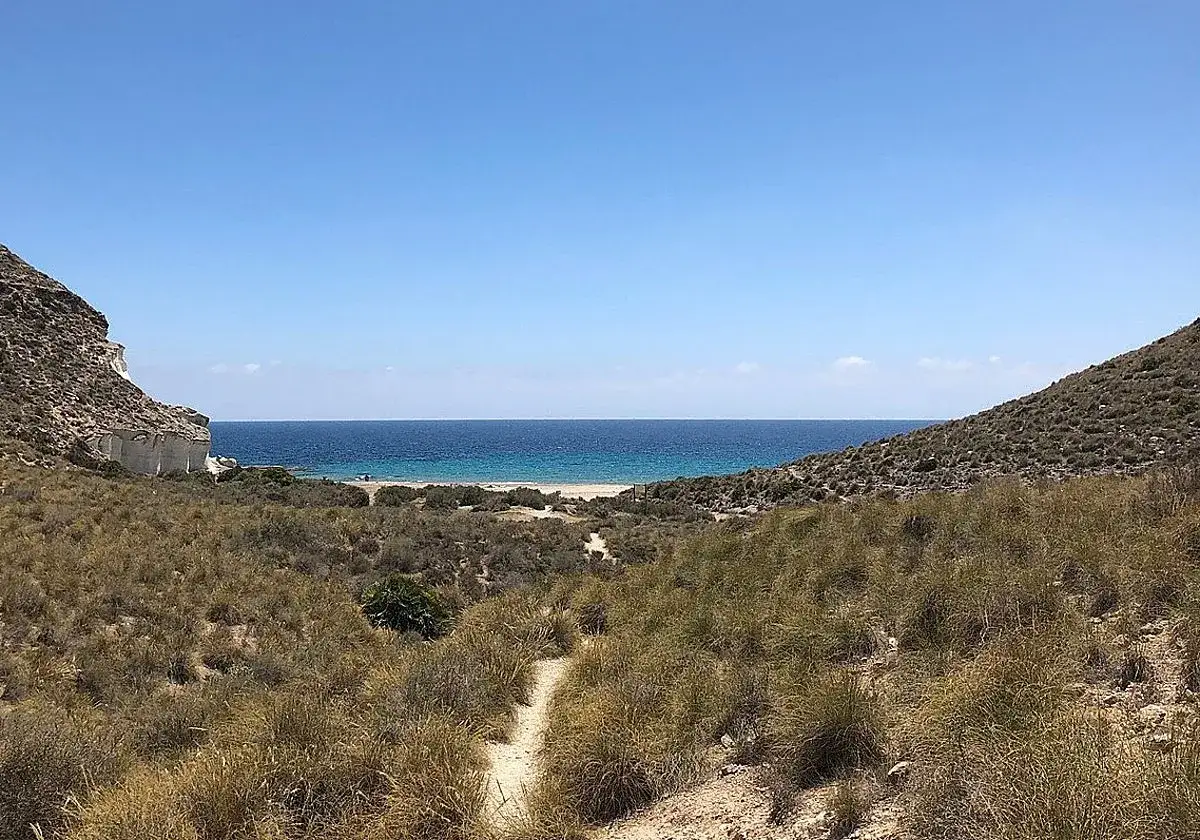 Sendero de tierra que conduce a la cala de enmedio, con mar azul y vegetación árida.