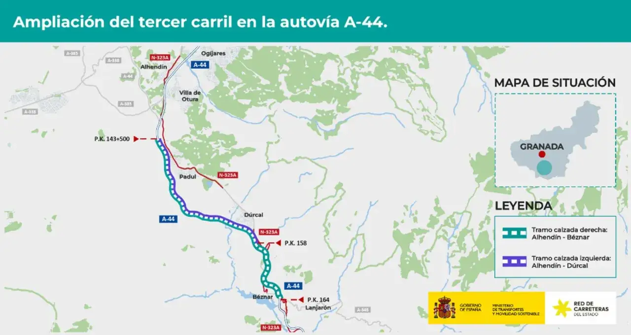 Mapa de la ampliación de la A-44, mostrando cómo llegar a Otura y otras localidades. Incluye la leyenda de los tramos.