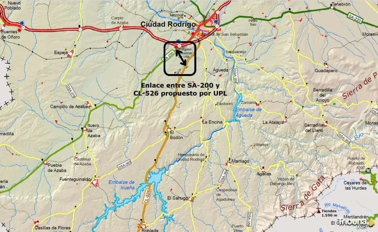 Mapa de carreteras que muestra cómo llegar a Ciudad Rodrigo, con rutas principales SA-200 y CL-526.