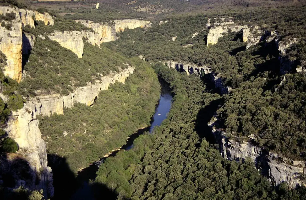 Un río serpentea entre imponentes acantilados cubiertos de vegetación, formando las espectaculares Hoces del Ebro.