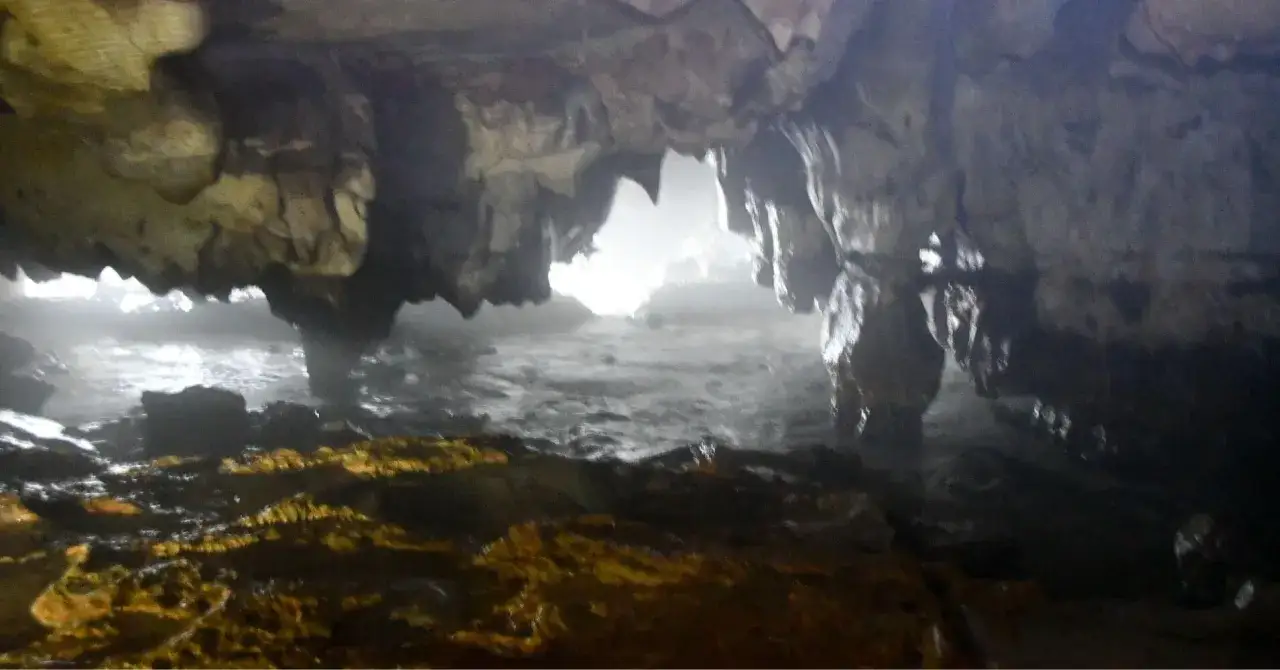 Entrada a una cueva con formaciones rocosas y agua, evocando la sensación de una playa de cobijero secreta.