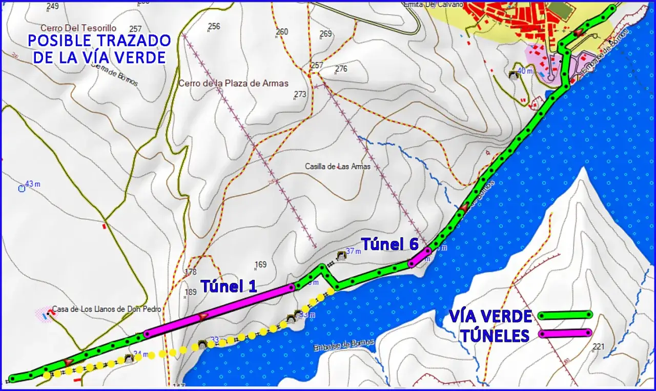 Mapa de la V&iacute;a Verde de Bornos, mostrando el trazado posible con t&uacute;neles 1 y 6. Ideal para planificar c&oacute;mo llegar.