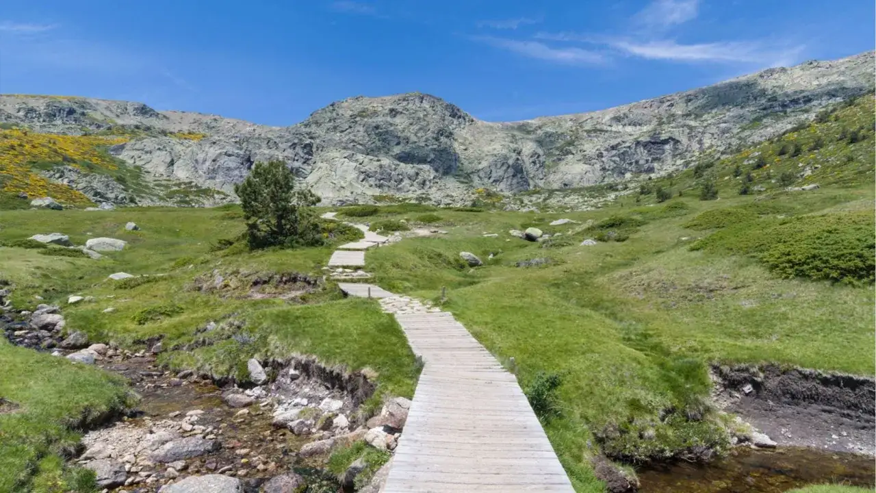 Sendero de madera serpentea por prados verdes y arroyos, ideal para rutas con encanto cerca de Madrid. Montañas rocosas y cielo azul al fondo.