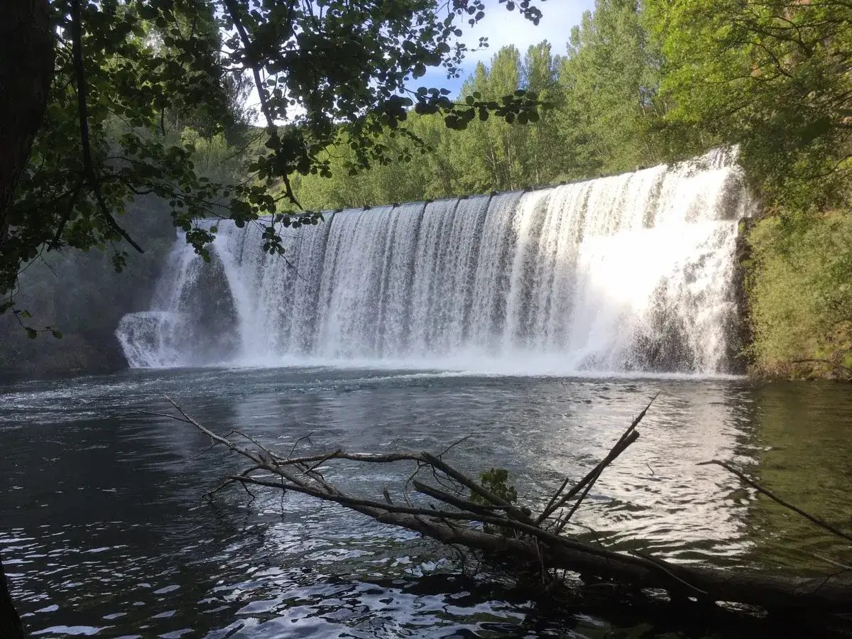 El salto del pelgo, una cascada ancha y poderosa, se desploma en un r&iacute;o sereno rodeado de exuberante vegetaci&oacute;n.
