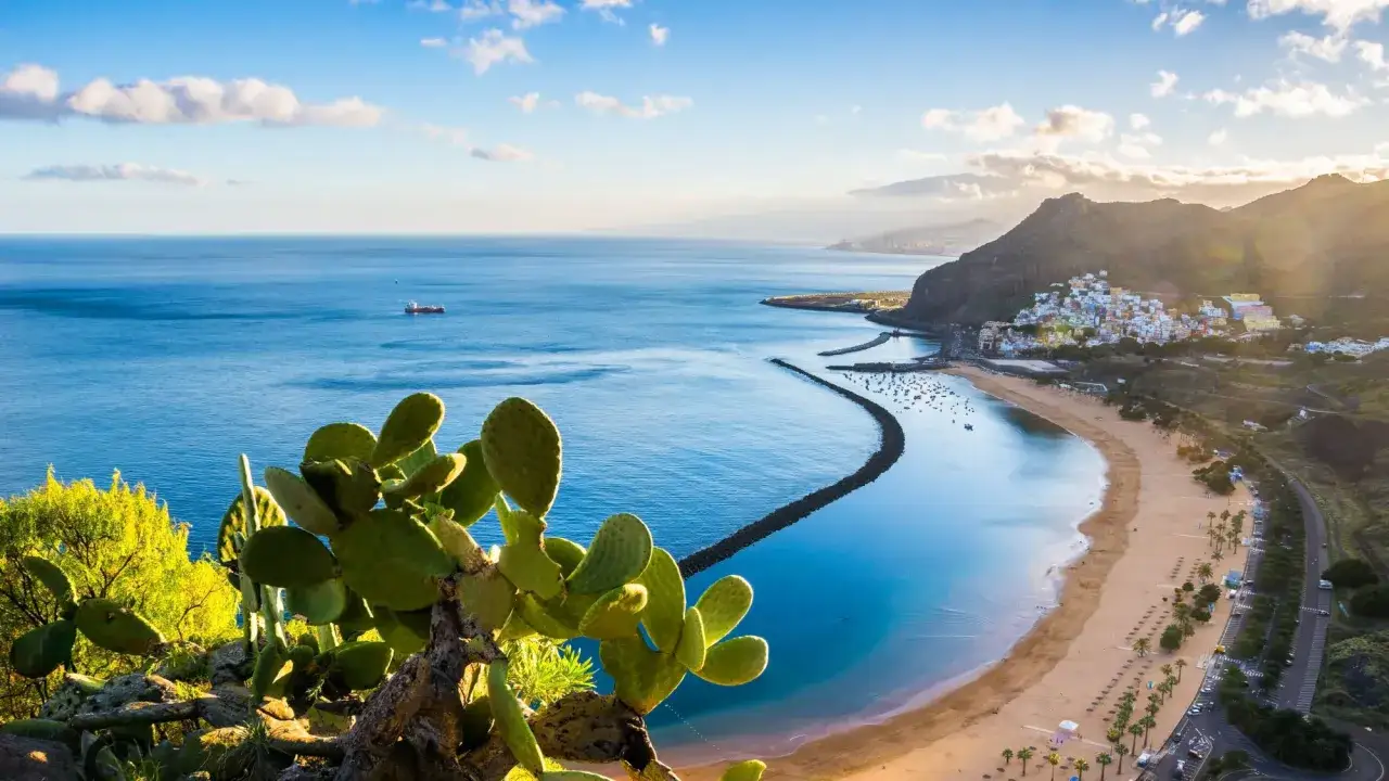Vista panorámica de las mejores playas de Tenerife, con el mar azul, arena dorada, un pueblo colorido y cactus en primer plano.