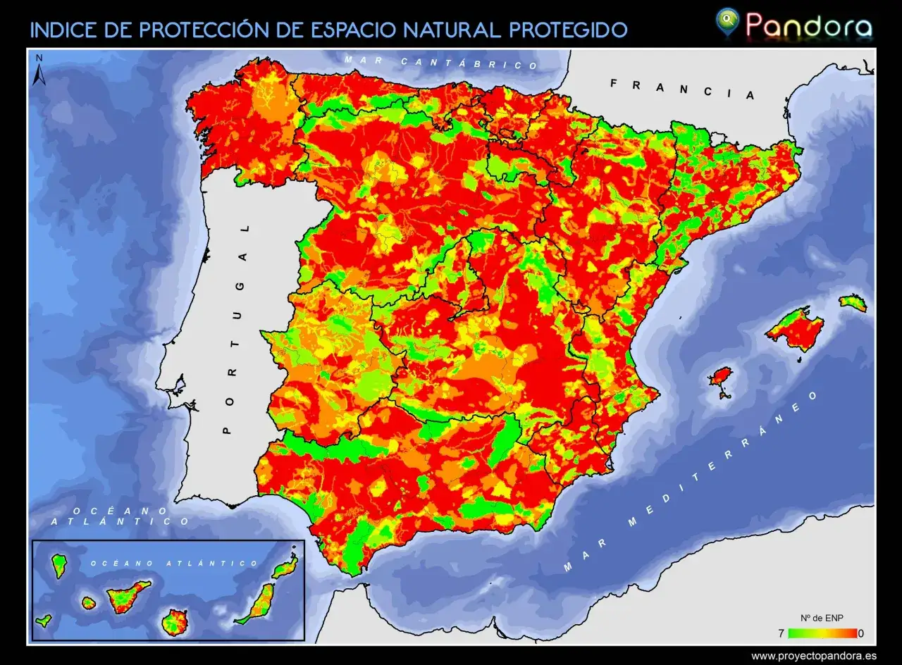 Mapa de Espa&ntilde;a con &aacute;reas coloreadas que indican el &iacute;ndice de protecci&oacute;n de reservas naturales. Verde indica alta protecci&oacute;n, rojo baja.